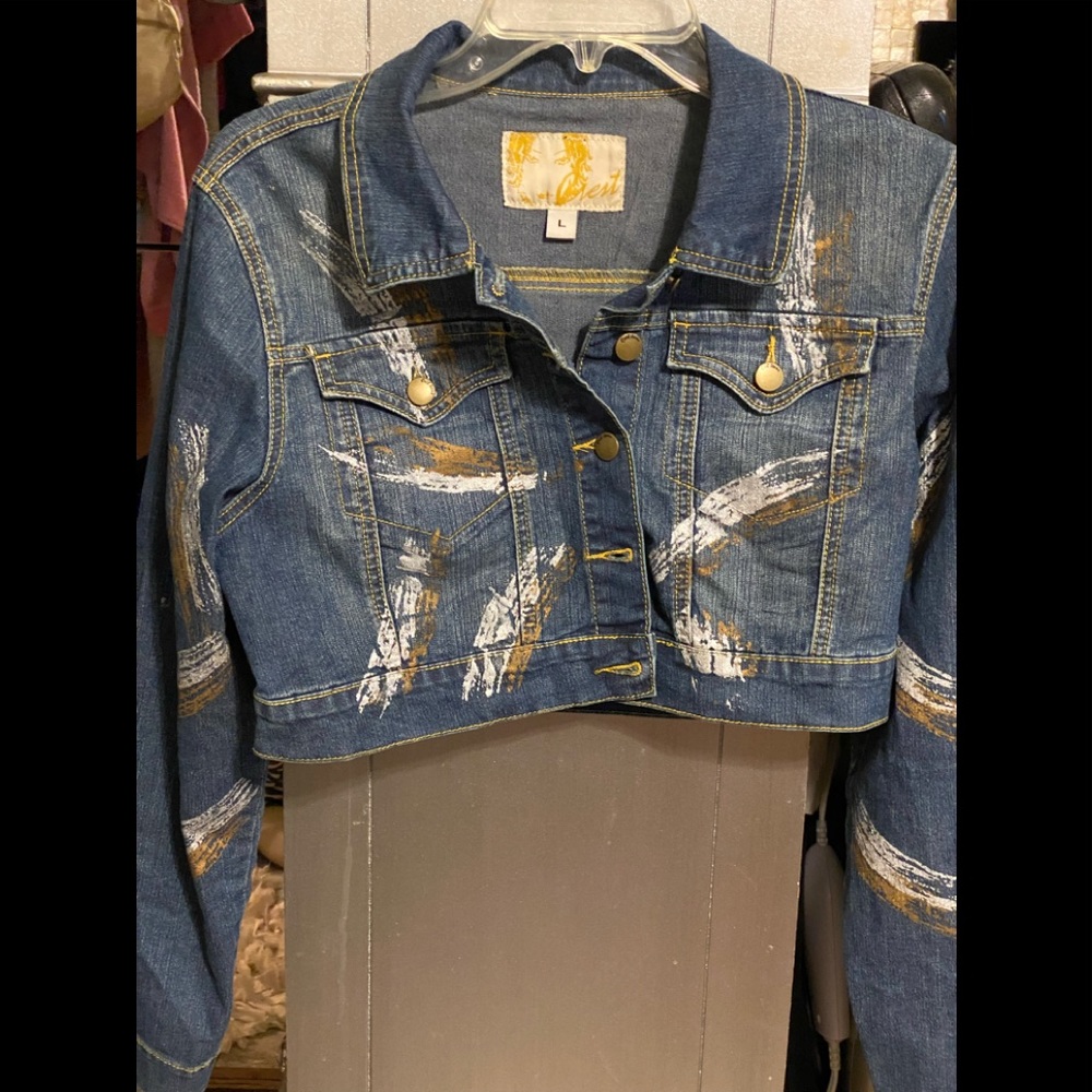 Never worn blue Jean cropped jacket with metallic silver and gold splashes. L